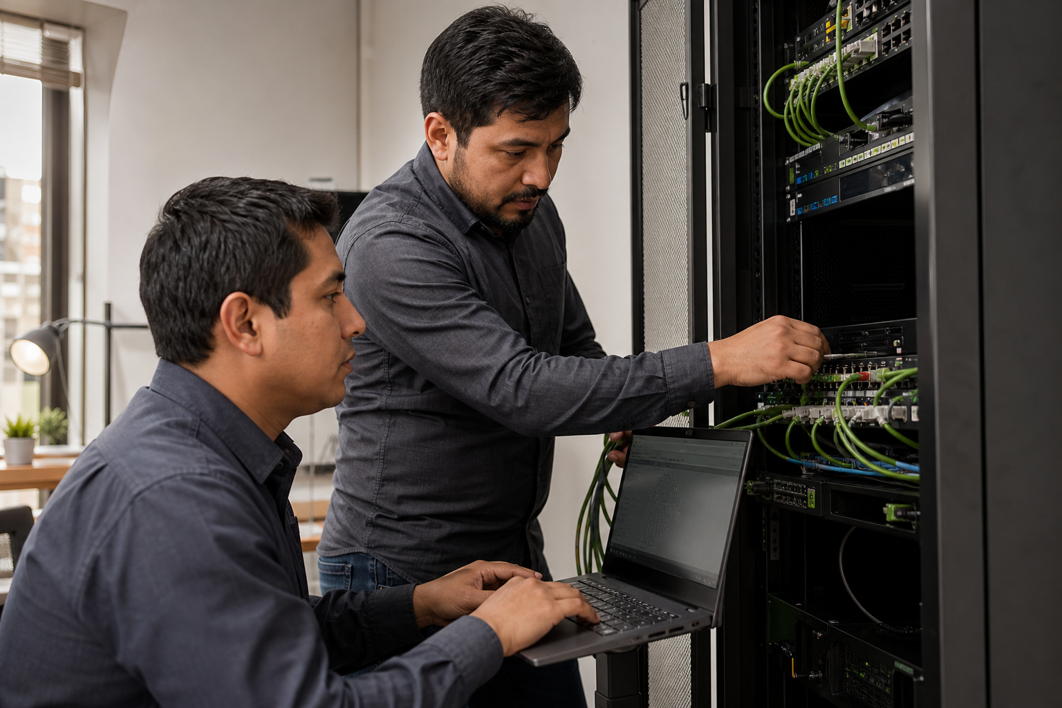 Técnicos realizando soporte de infraestructura TI